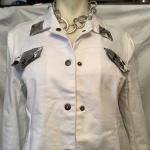 Montana Co white blue jean jacket with Camo trim rhinestones western